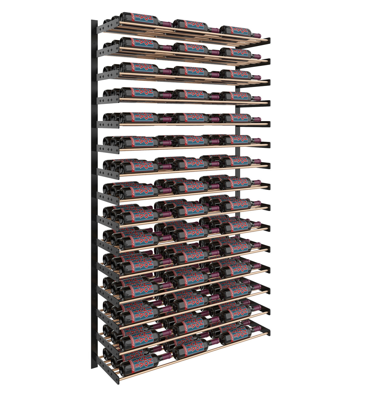Three-column wine bottle wall rack with matte black frame and dark bottle rows