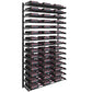 Wine bottle display rack with angled holders, matte black frame, and dark bottles