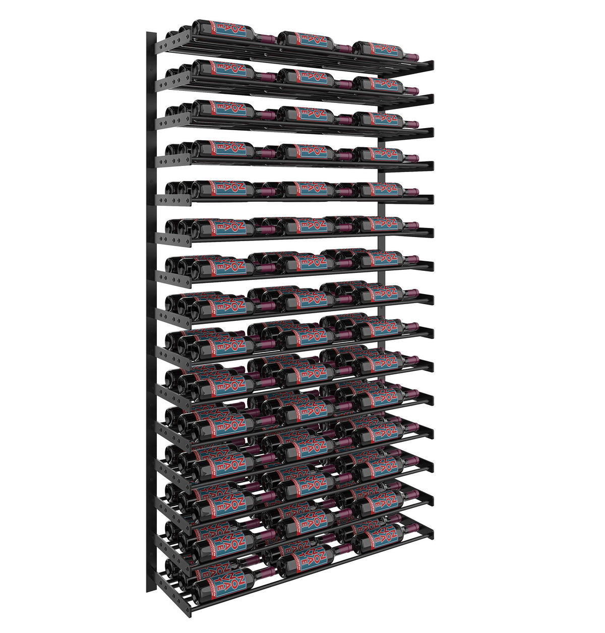 Wine bottle display rack with angled holders, matte black frame, and dark bottles