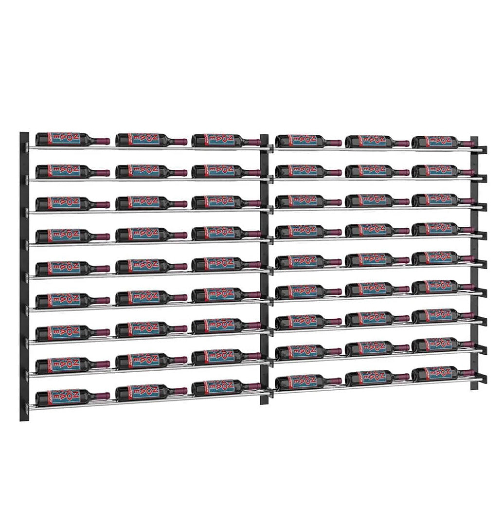Black wine bottle rack grid with side support posts and horizontal bottle cradles