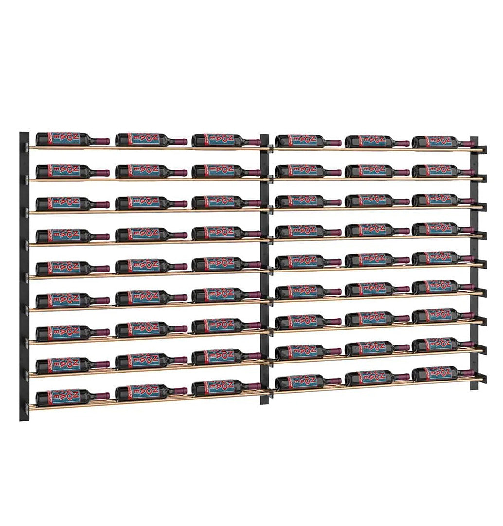 Black designer wine bottle rack grid wall with evenly spaced bottle holders and dividers