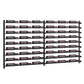 Black wine bottle storage wall rack with rows of bottle slots and central vertical bars