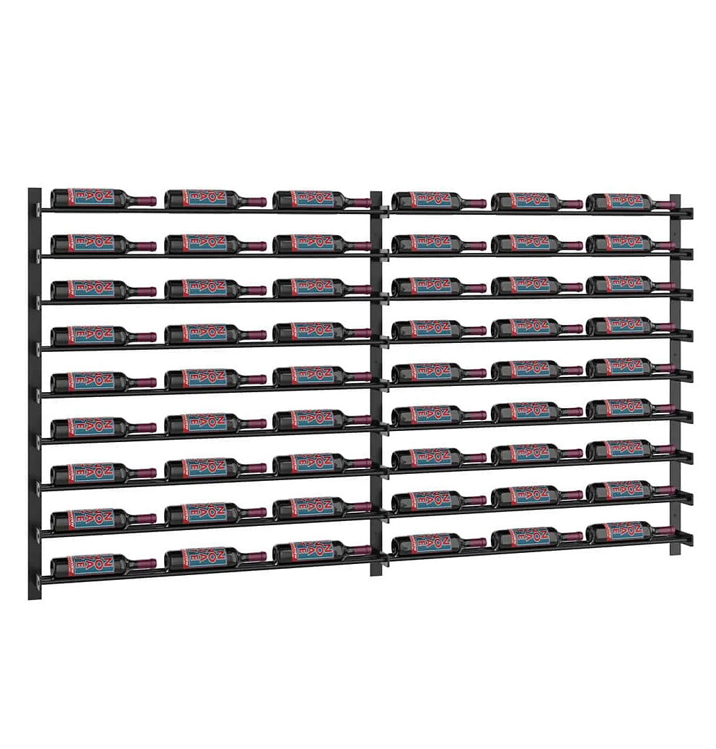 Black wine bottle storage wall rack with rows of bottle slots and central vertical bars