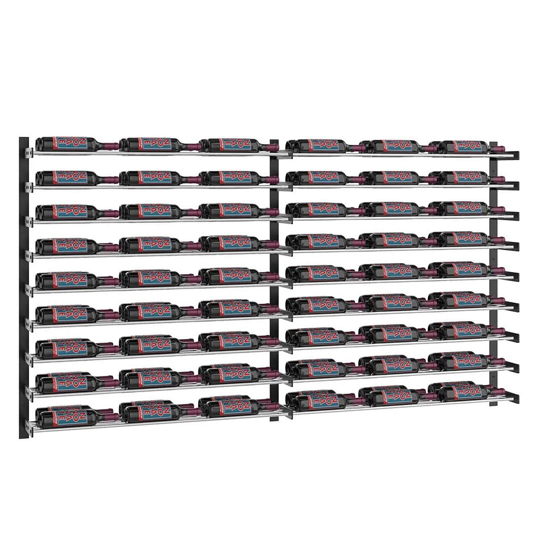 Wall-mounted wine bottle storage grid in black with bottle cradles across multiple rows