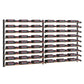 Black wine bottle rack grid holding bottles in parallel rows with metal crossbars