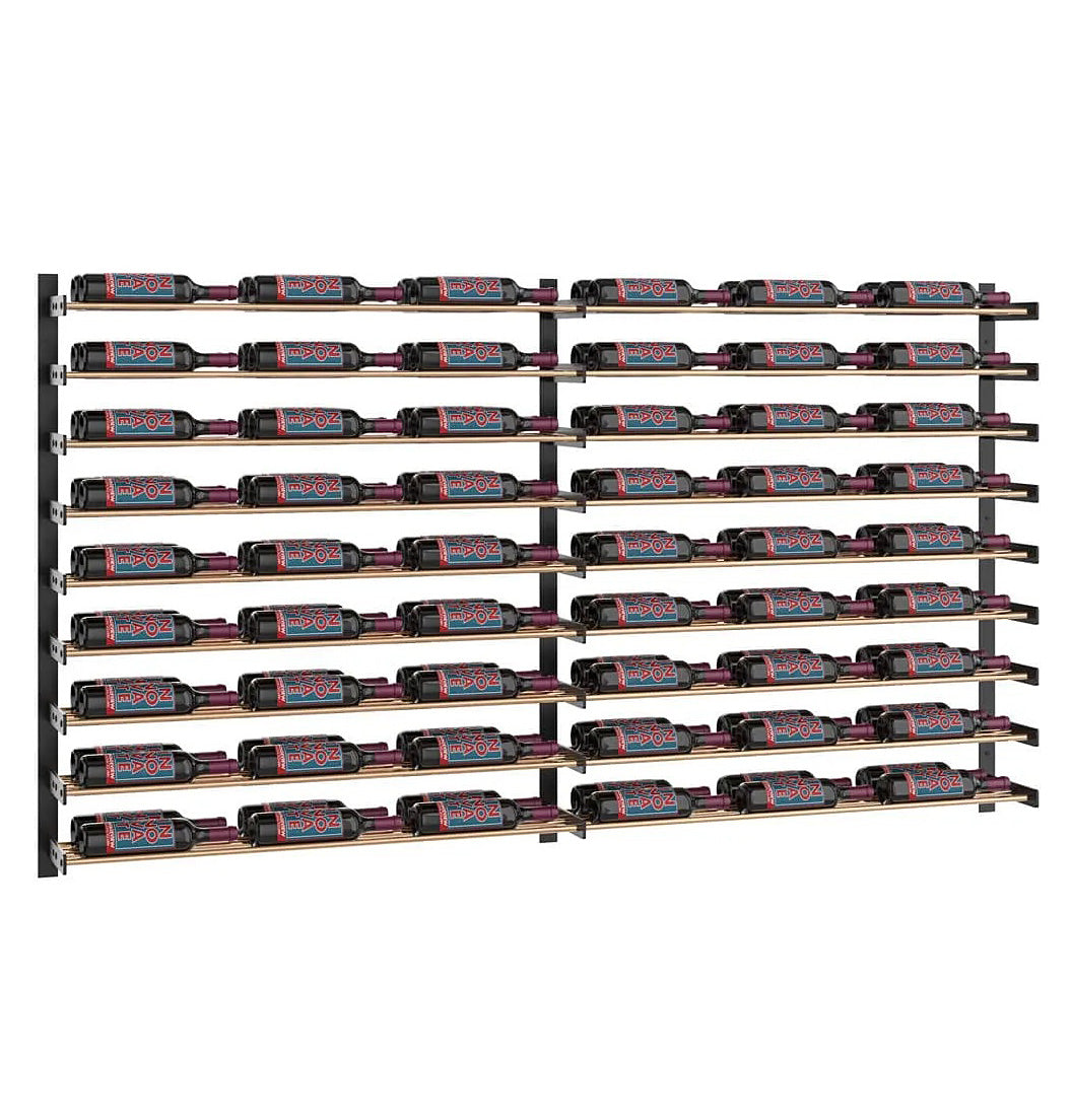 Black wine bottle rack grid holding bottles in parallel rows with metal crossbars