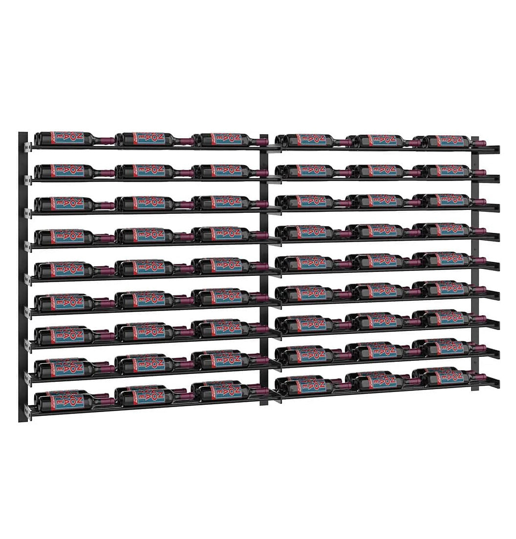 Black designer wine rack wall with grid spacing and bottle holders across full width