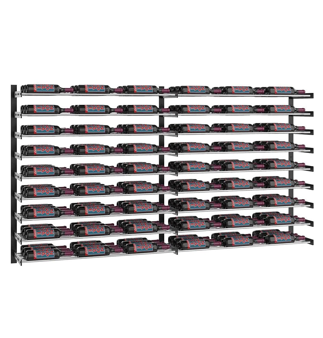 Black designer wine bottle rack wall with multiple horizontal bottle holders