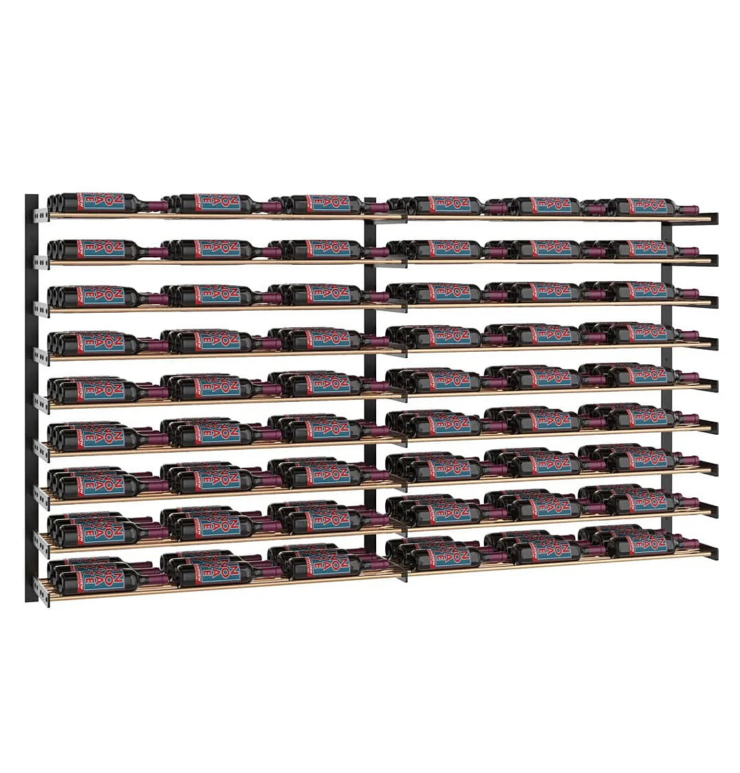 Designer wine bottle rack grid with black frame holding rows of wine bottles