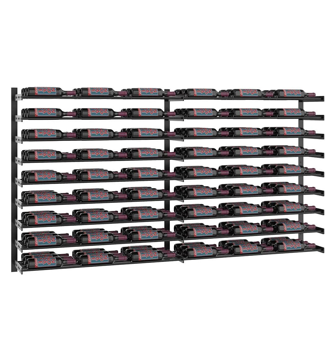 Black wine rack grid wall with evenly spaced bottle slots and central divider bars