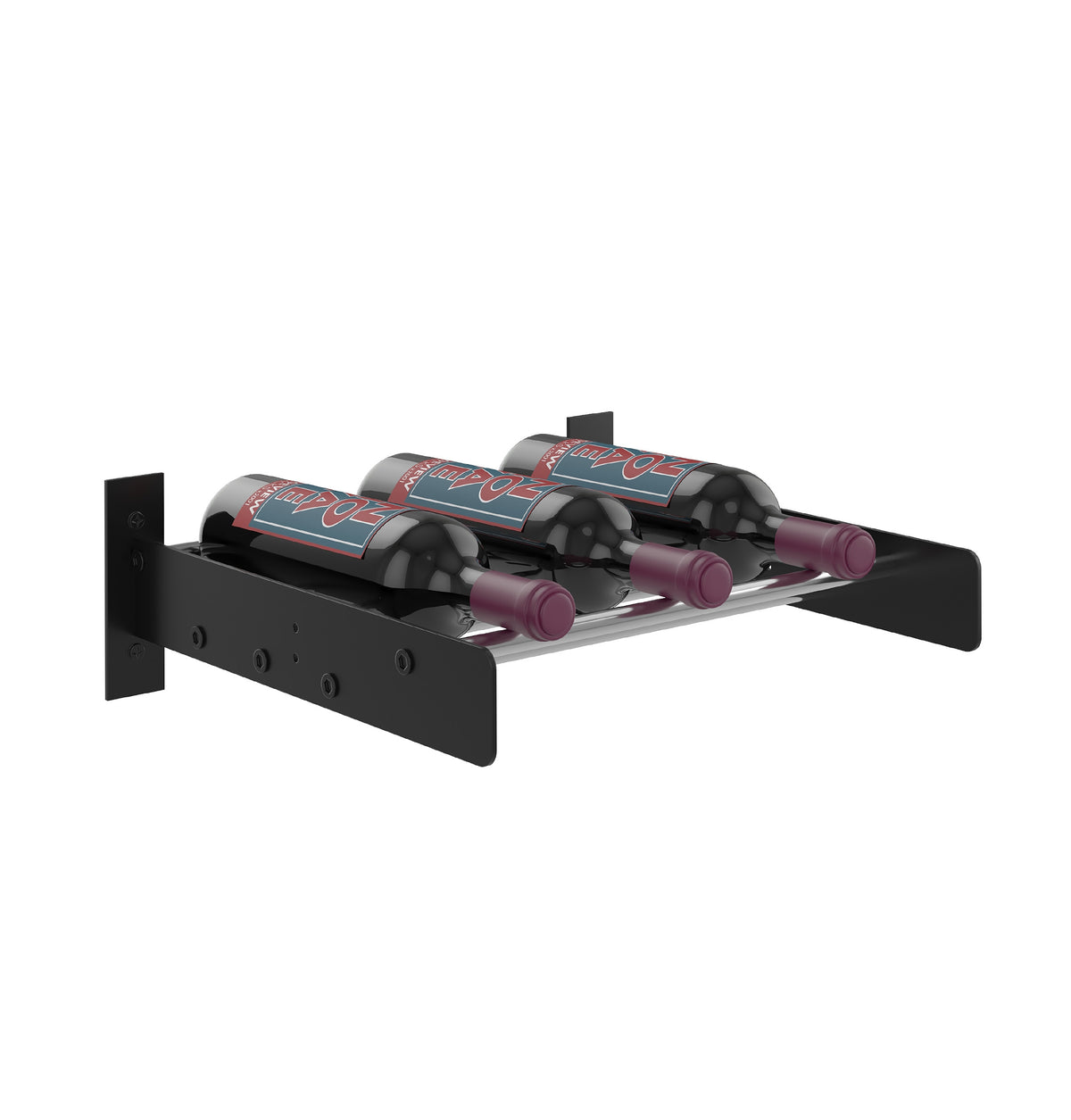 Wine bottle cork ledge rack with black mounting bracket and multiple bottle slots