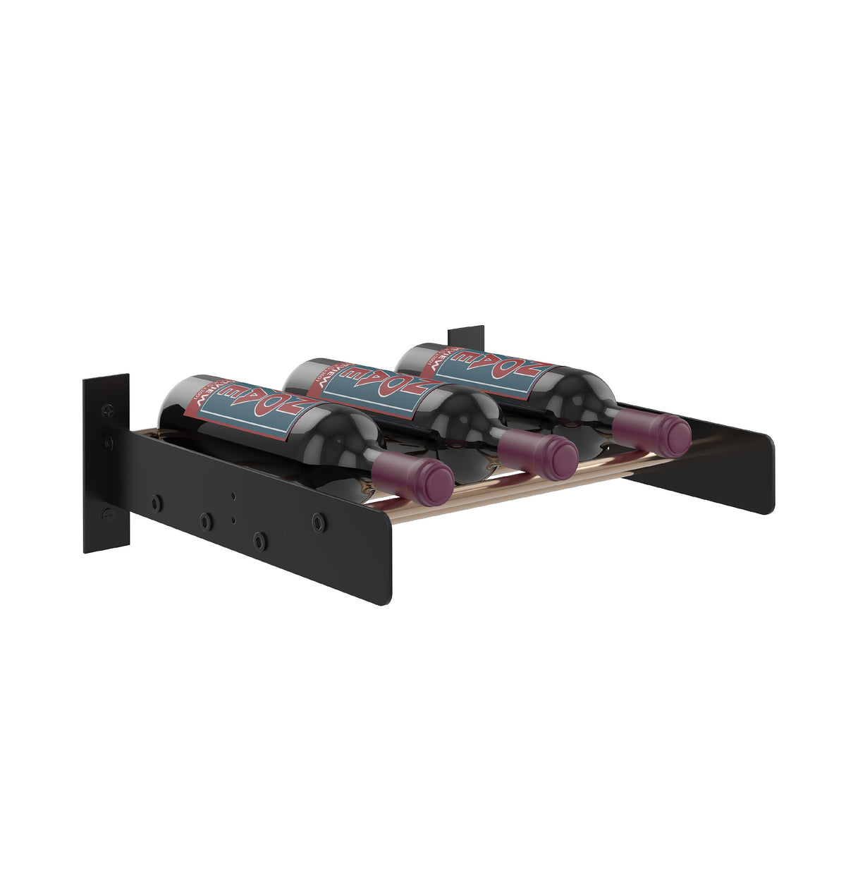 Angled view of wine bottle wall rack with dark frame and cork-ledges for bottles