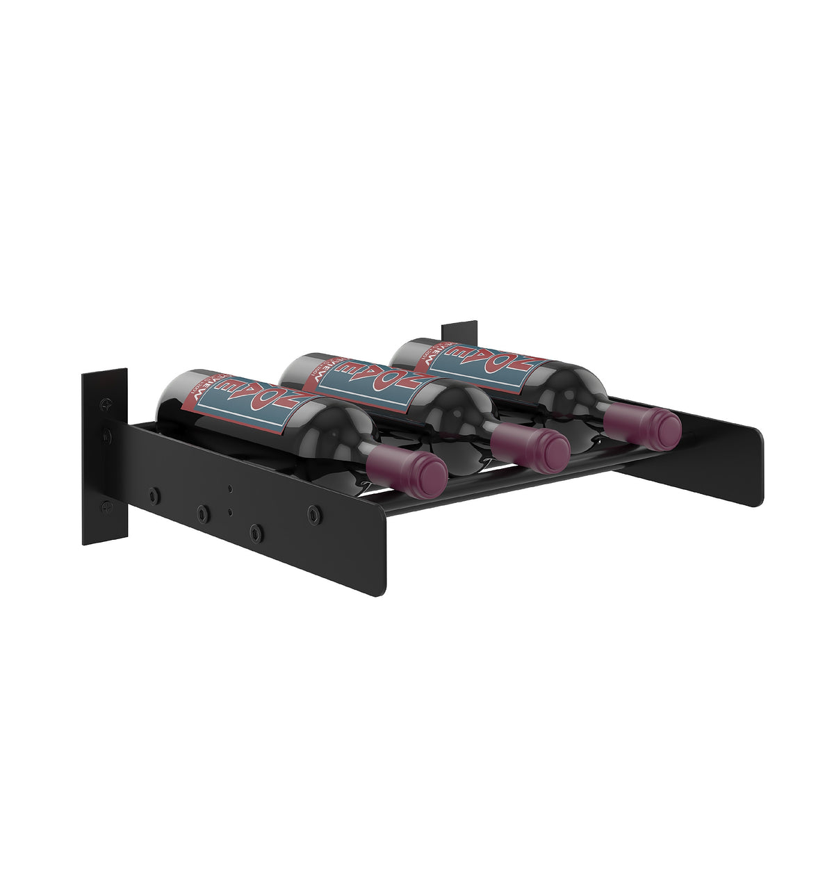 Black wall-mounted cork wine bottle ledge rack with three bottles on rests