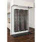 Built-in wine wall rack with multiple rows of bottle slots and cork holders