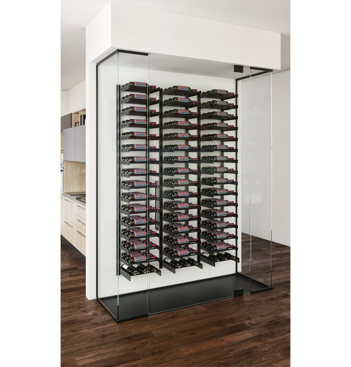 Built-in wine wall rack with multiple rows of bottle slots and cork holders