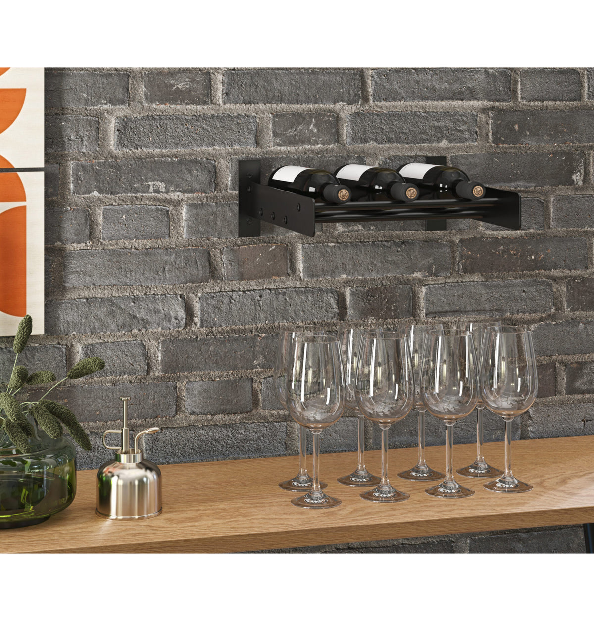 Black wall-mounted cork wine bottle ledge holding several wine bottles