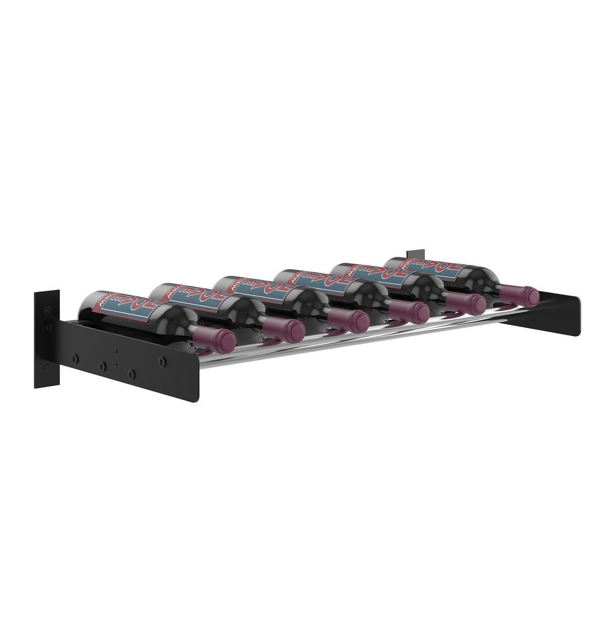 Side view of wine wall cork ledge rack with black back plate and bottle neck holders