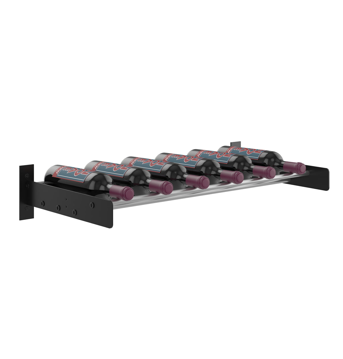 Wine bottle wall rack in side view with black mounting bracket and bottle slots