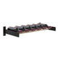 Wine wall cork ledge with black bracket and light wood-tone ledge holding bottles