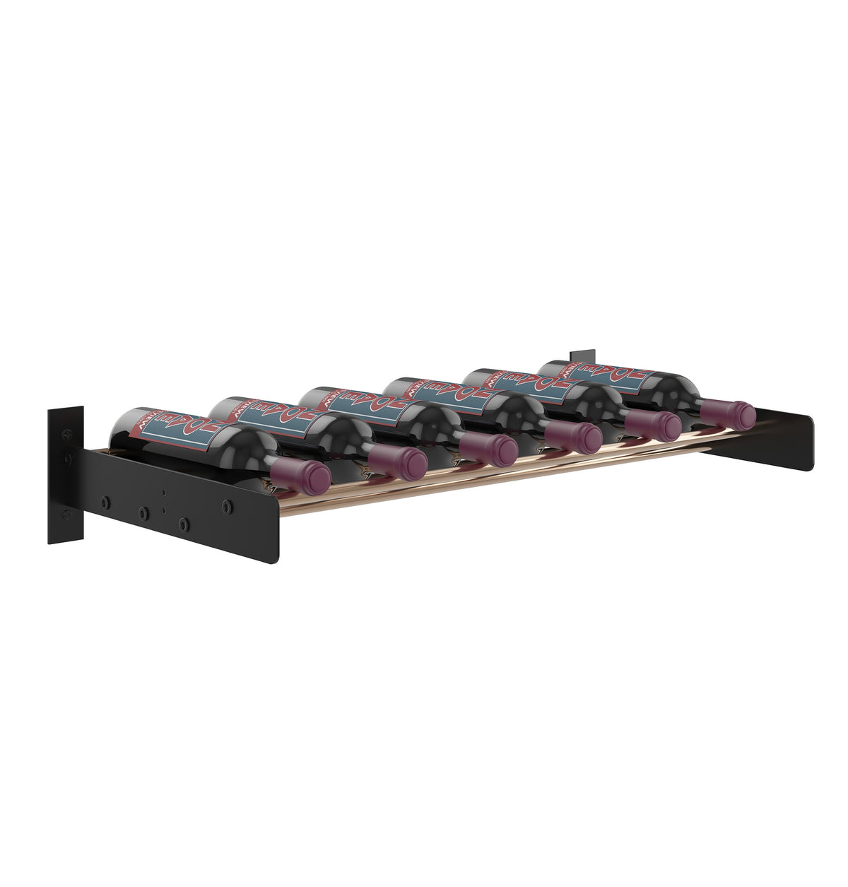 Wine wall cork ledge with black bracket and light wood-tone ledge holding bottles