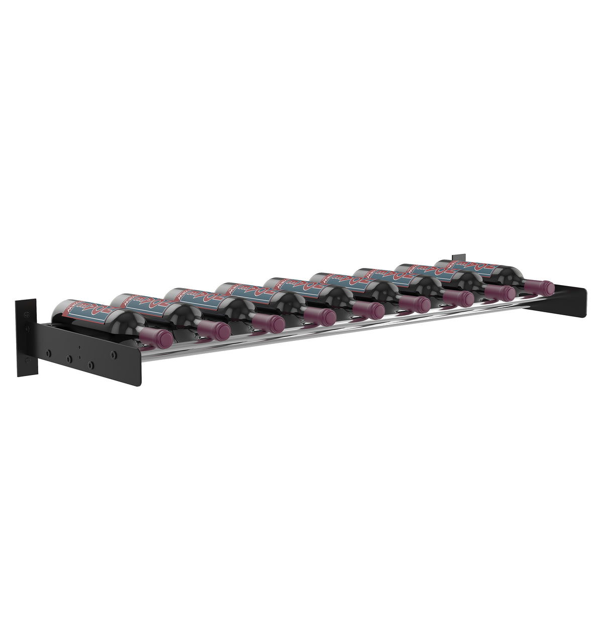 Wine bottle wall rack with black base, cork-ledges, and bottle neck holders