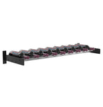 Wine bottle wall rack with black base, cork-ledges, and bottle neck holders