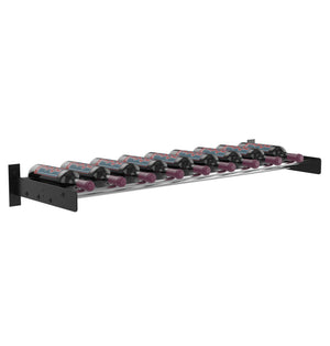 Wine bottle wall rack with black base, cork-ledges, and bottle neck holders