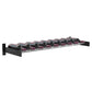 Wine wall cork ledge rack with black mounting plates and bottle holders in rows