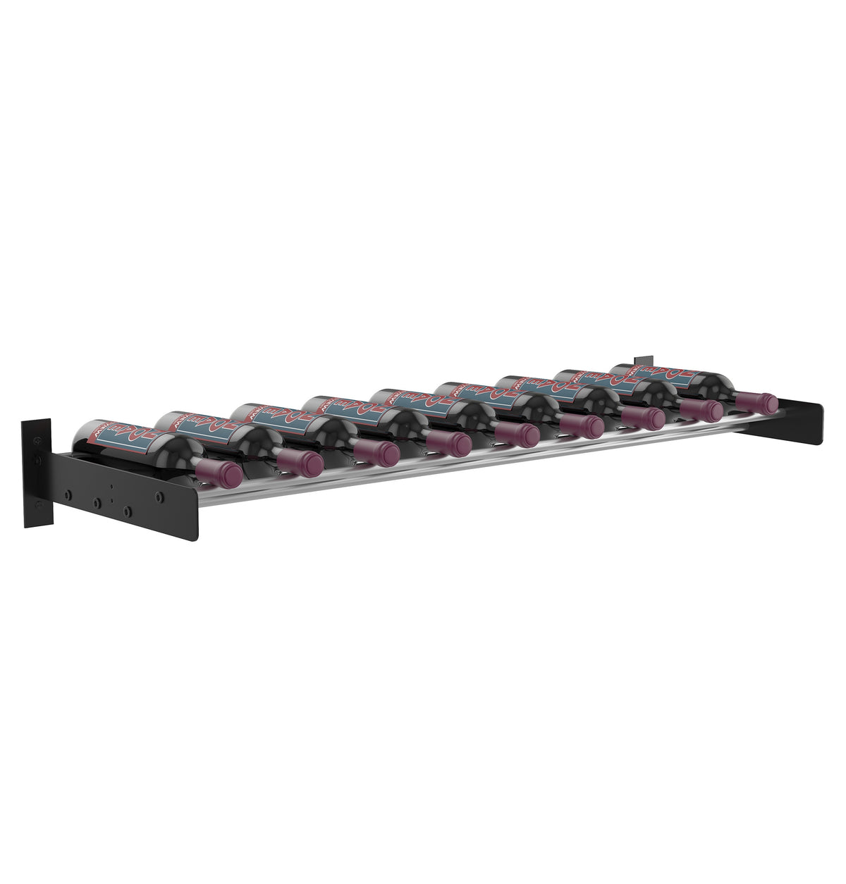 Wine wall cork ledge rack with black mounting plates and bottle holders in rows