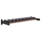 Wine wall cork ledge with dark metal frame and light wood-tone bottom support