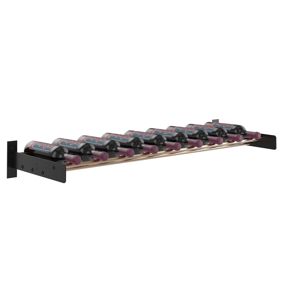 Wine wall cork ledge with dark metal frame and light wood-tone bottom support