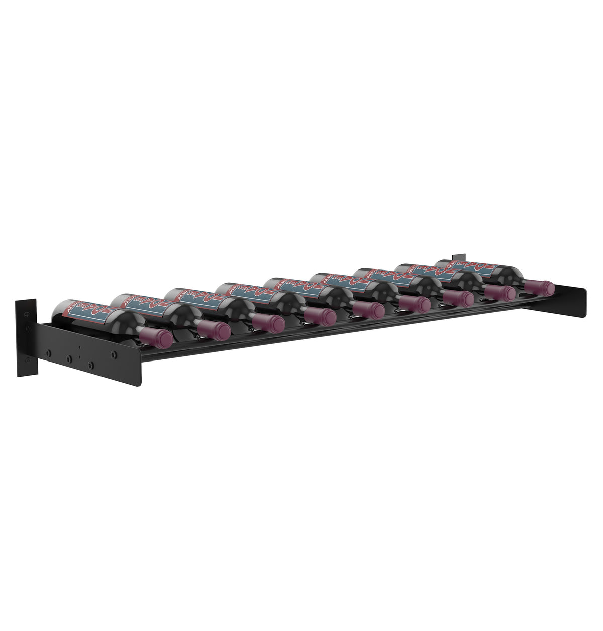 Wall-mounted wine bottle cork ledge with black frame and multiple purple-tinted bottles