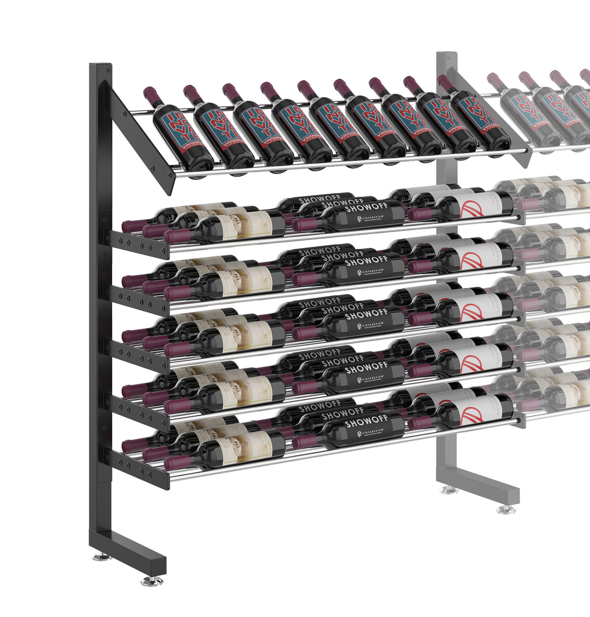 Single-sided display rack with multiple bottle cradles and dark metal frame, wide front view