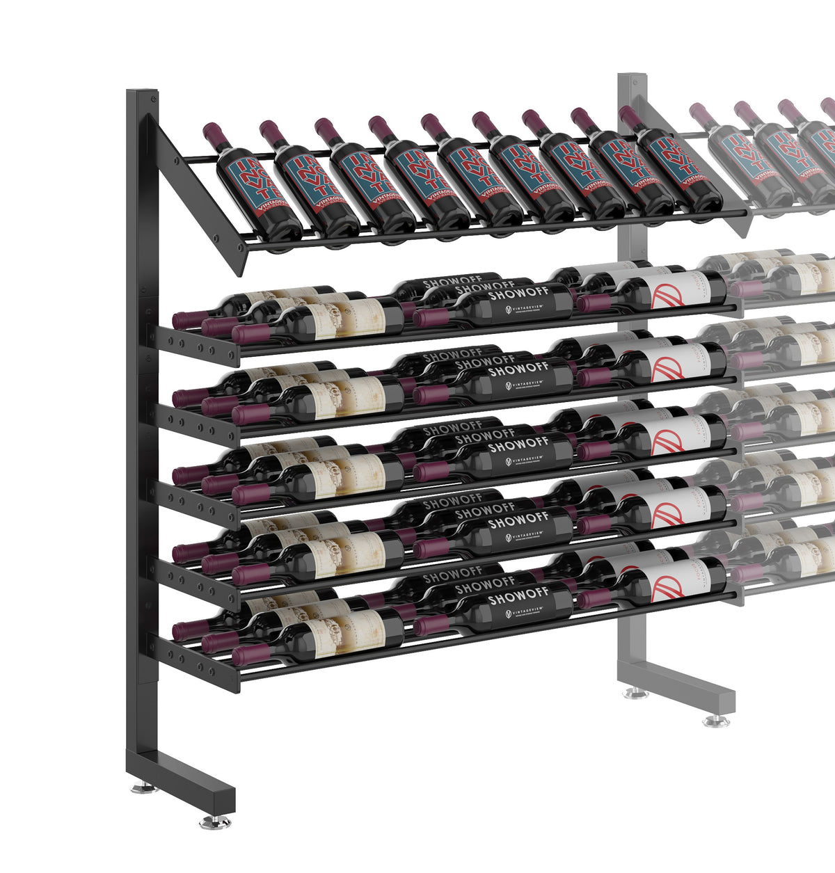 Single-sided display rack with black uprights and presentation shelves, bottles lined in rows