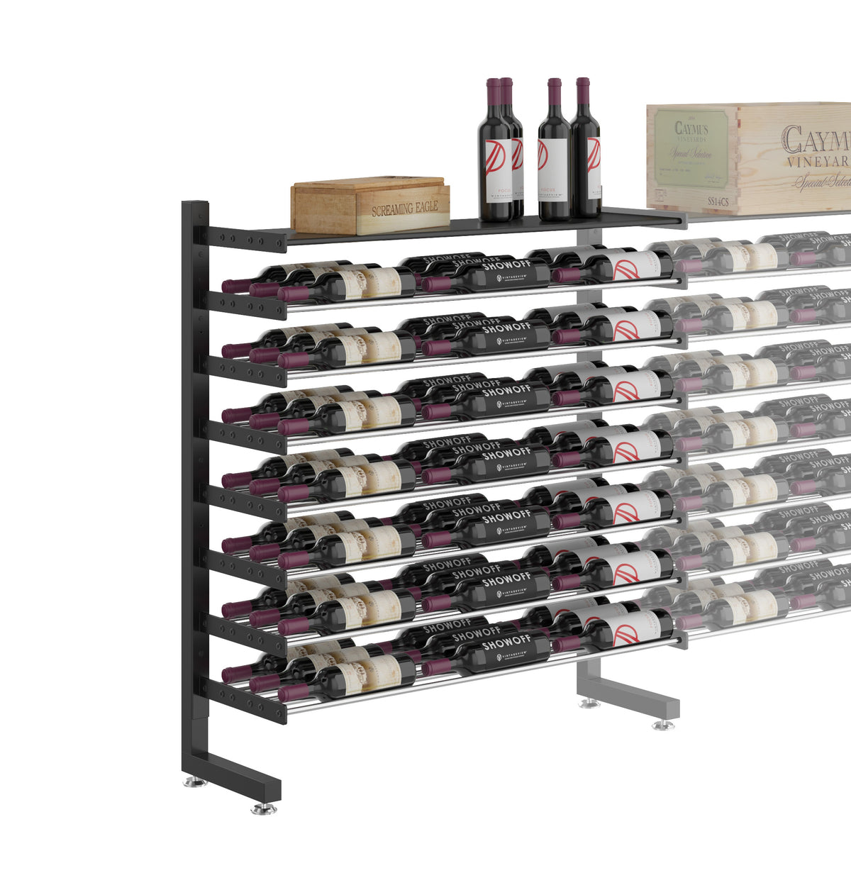 Single-sided wine display rack with shelf, matte black frame, multi-row bottles on brackets