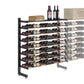 Single-sided wine display rack, matte black frame, shelf top with upright bottles and boxes