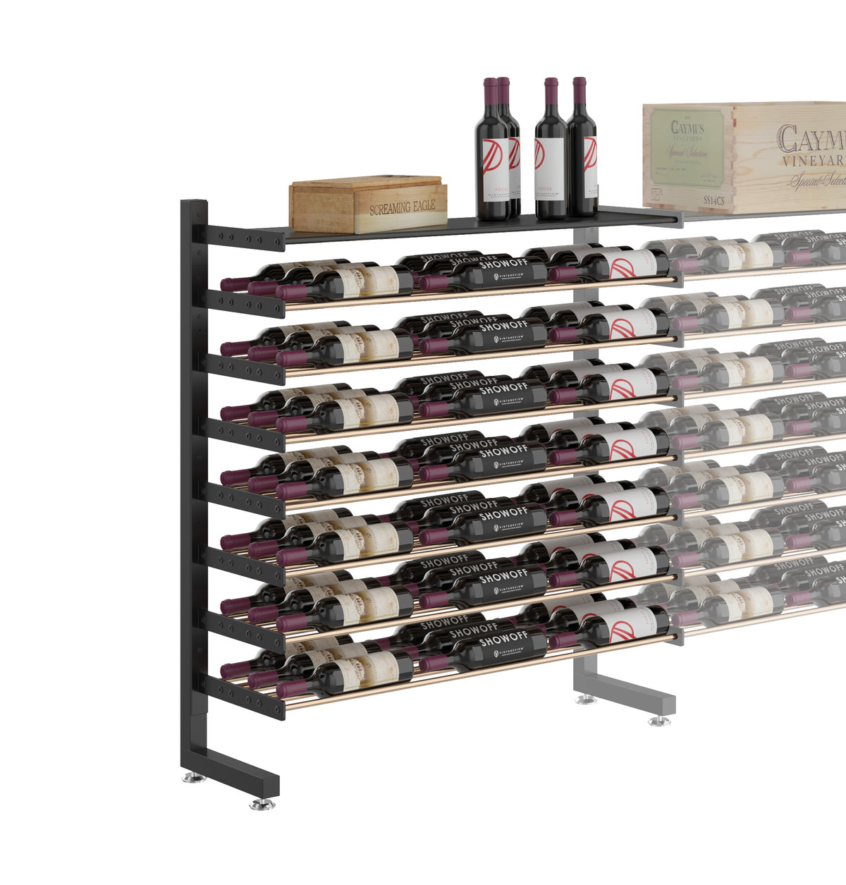 Single-sided wine display rack, matte black frame, shelf top with upright bottles and boxes