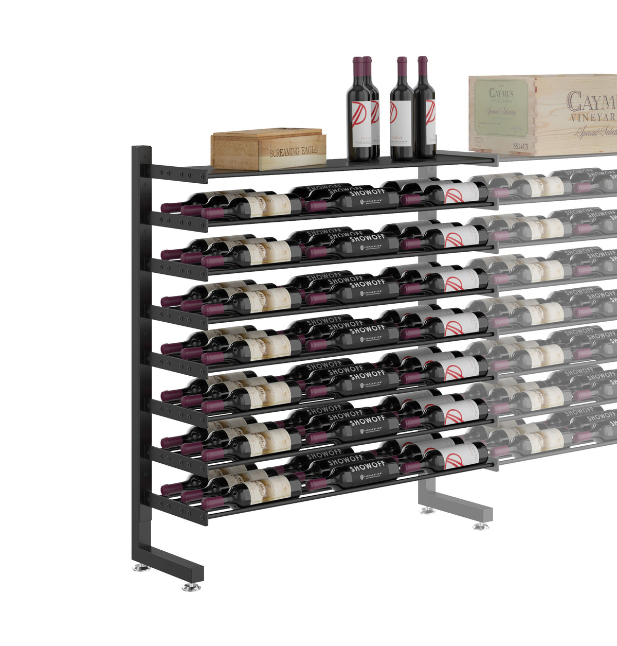 Single-sided wine rack with shelf, matte black frame, bottles and boxed items on top