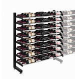 Single-sided wine bottle display rack with black frame and multiple bottle slots