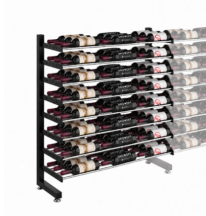 Single-sided wine bottle display rack with black frame and multiple bottle slots