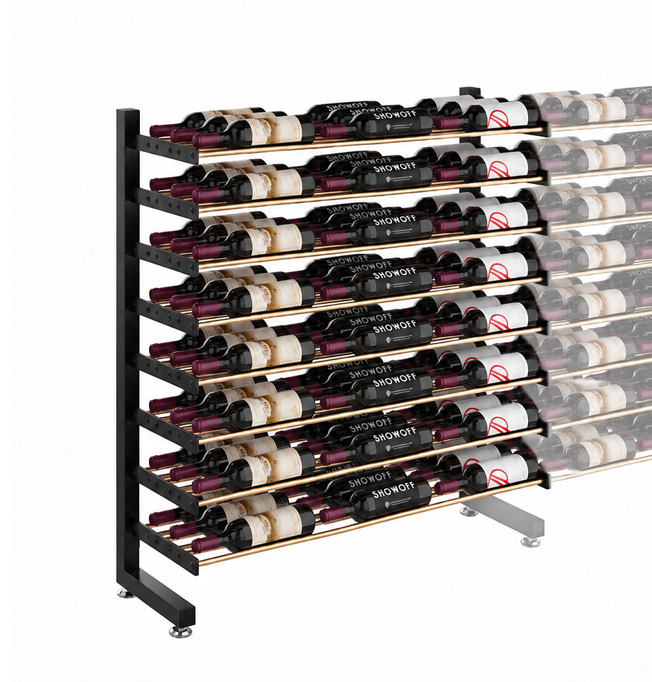 Single-sided wine rack with black metal frame and bottle storage rows, angled view