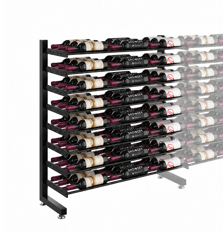 Single-sided wine bottle display rack with black metal frame holding assorted bottles
