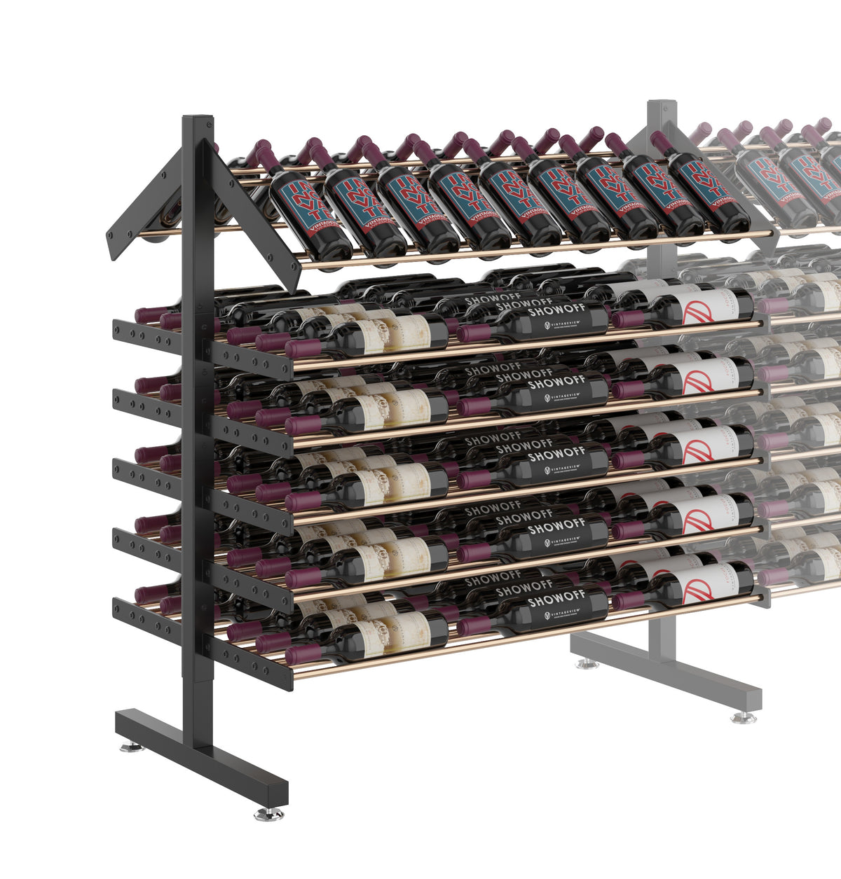 Double-sided bottle display rack, 3/4 view with black frame and multiple bottle rows