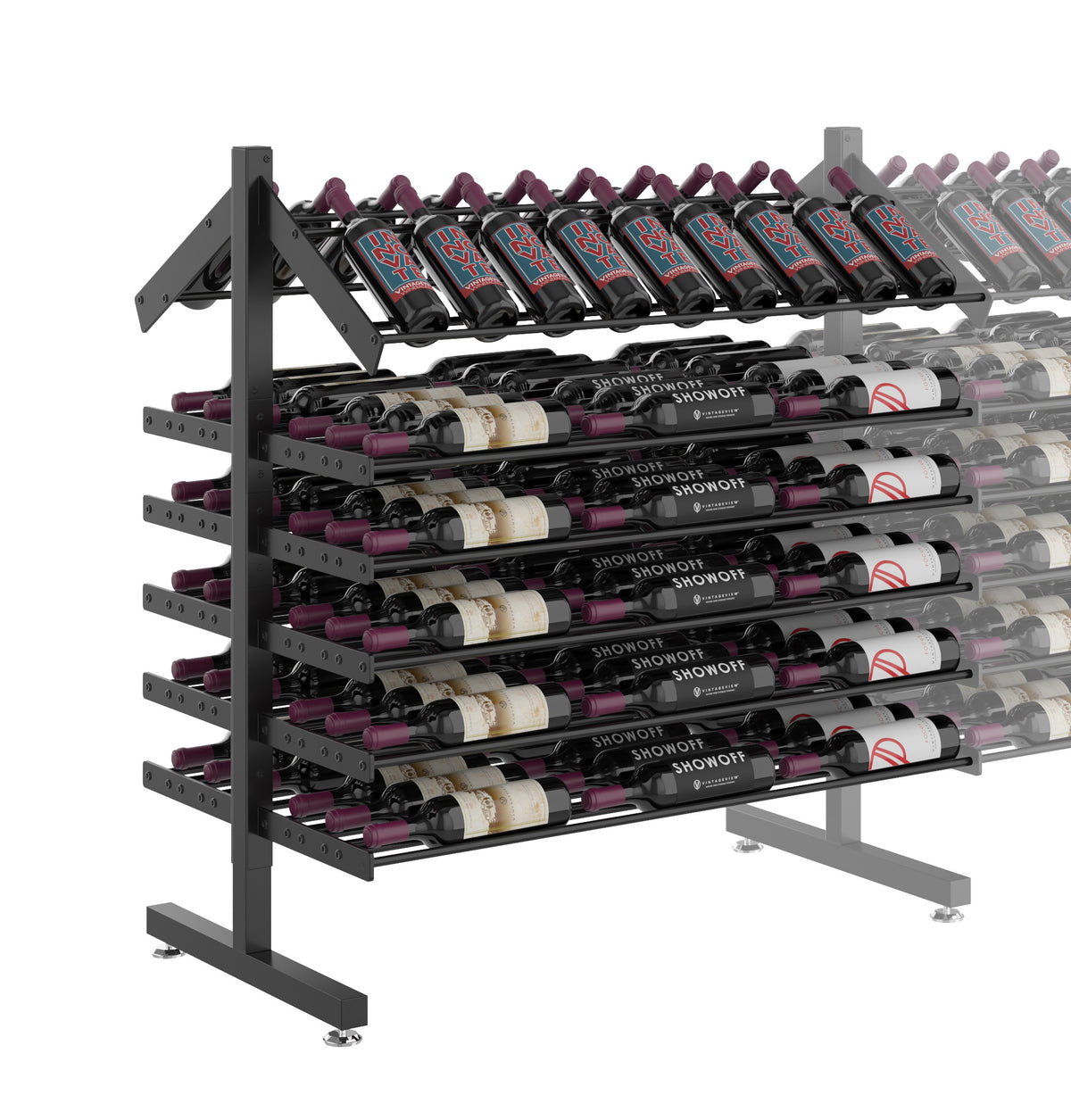 Double-sided bottle display rack, wider 3/4 view showing rack legs and bottle holders
