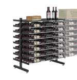 Double-sided island wine display rack with shelf, holding rows of bottles