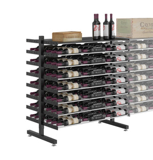 Double-sided island wine display rack with shelf, holding rows of bottles