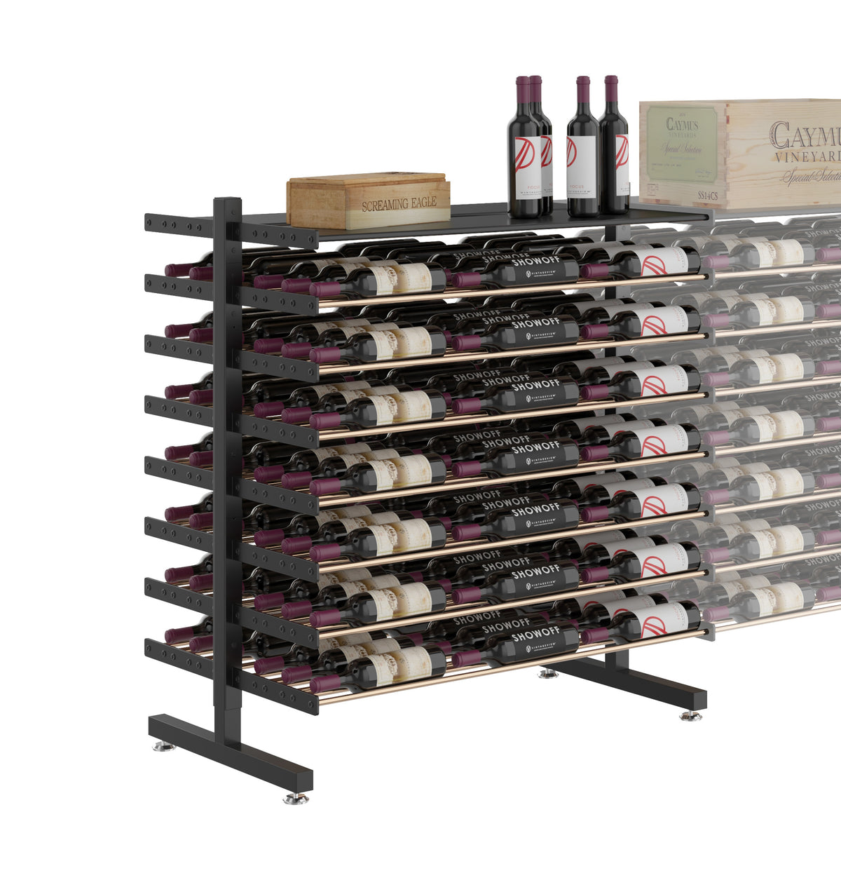 Freestanding double-sided wine rack with metal frame and multiple bottle rows