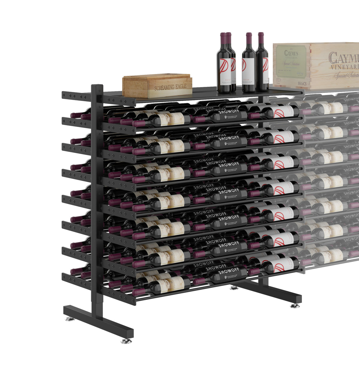Wine display rack with horizontal bottle slots and sturdy base stand