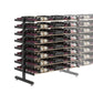 Matte black double-sided bottle display rack with multi-tier slots and caster base