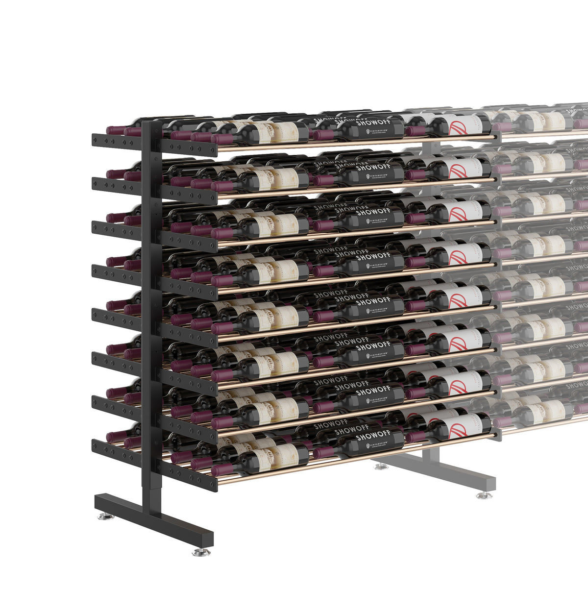 Matte black double-sided bottle display rack with multi-tier slots and caster base